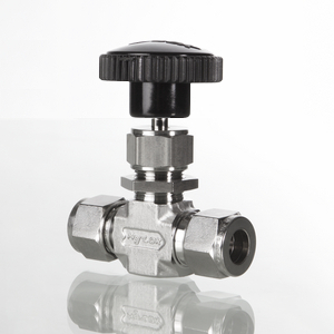 Nadelventil, Edelstahl,    NV-Serie, max.: 340 bar, PEEK, 2mm Bohrung, 1/8"Klemmring, Phenolhandrad schwarz