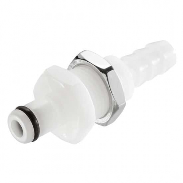 Schnellkupplungsstecker, Acetal, 1/8" Schlauchtülle,Schottausführung mit Ventil, Viton Dichtung, Sonderartikel, VPE: 25 Stück